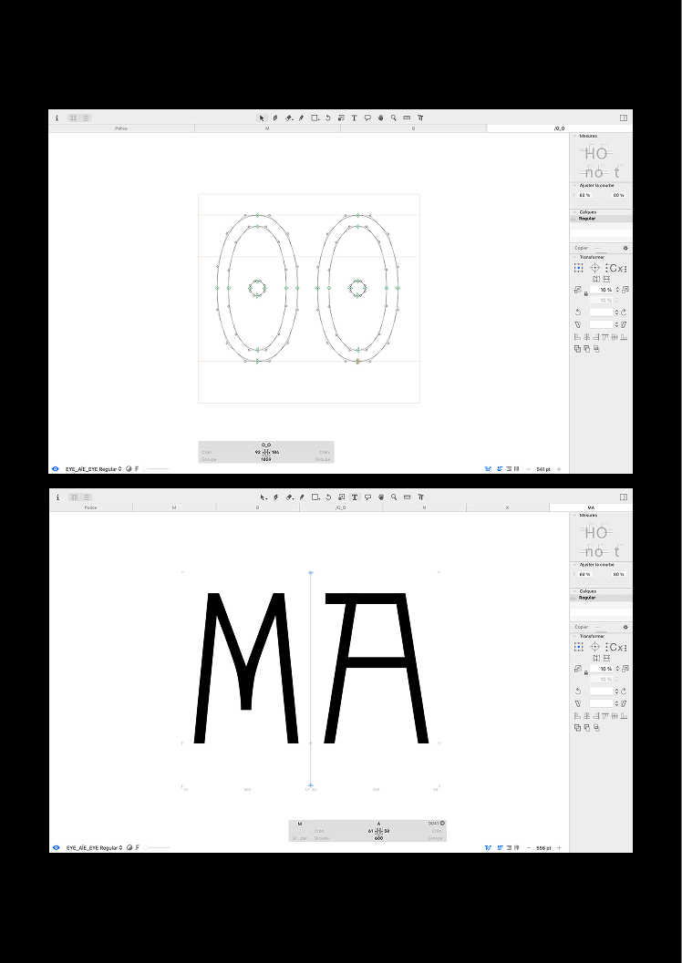Captures d'écrans du projet sur le logiciel Glyphs.