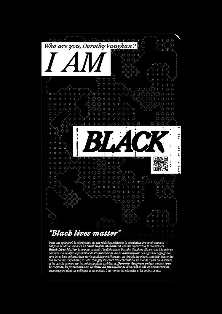 Concept d’affiches : One punchline one punchcard. I am a black, 3/6.