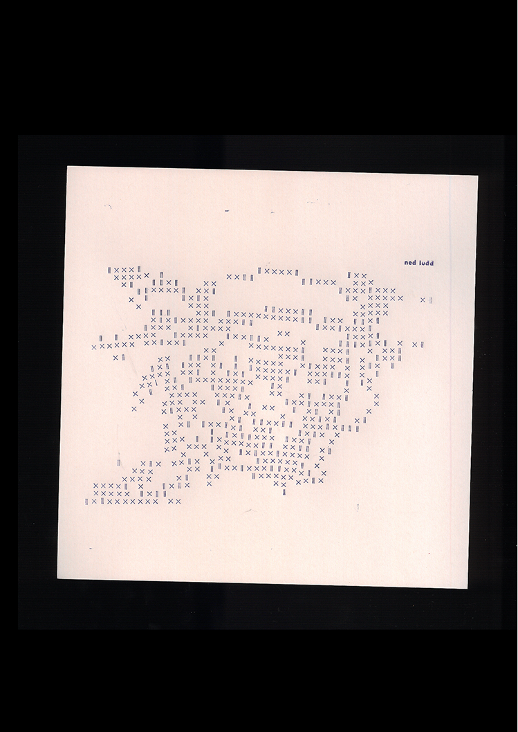 Tête de Ned Ludd recomposée en caractère de plomb X I. Du ascii sans numérique.
