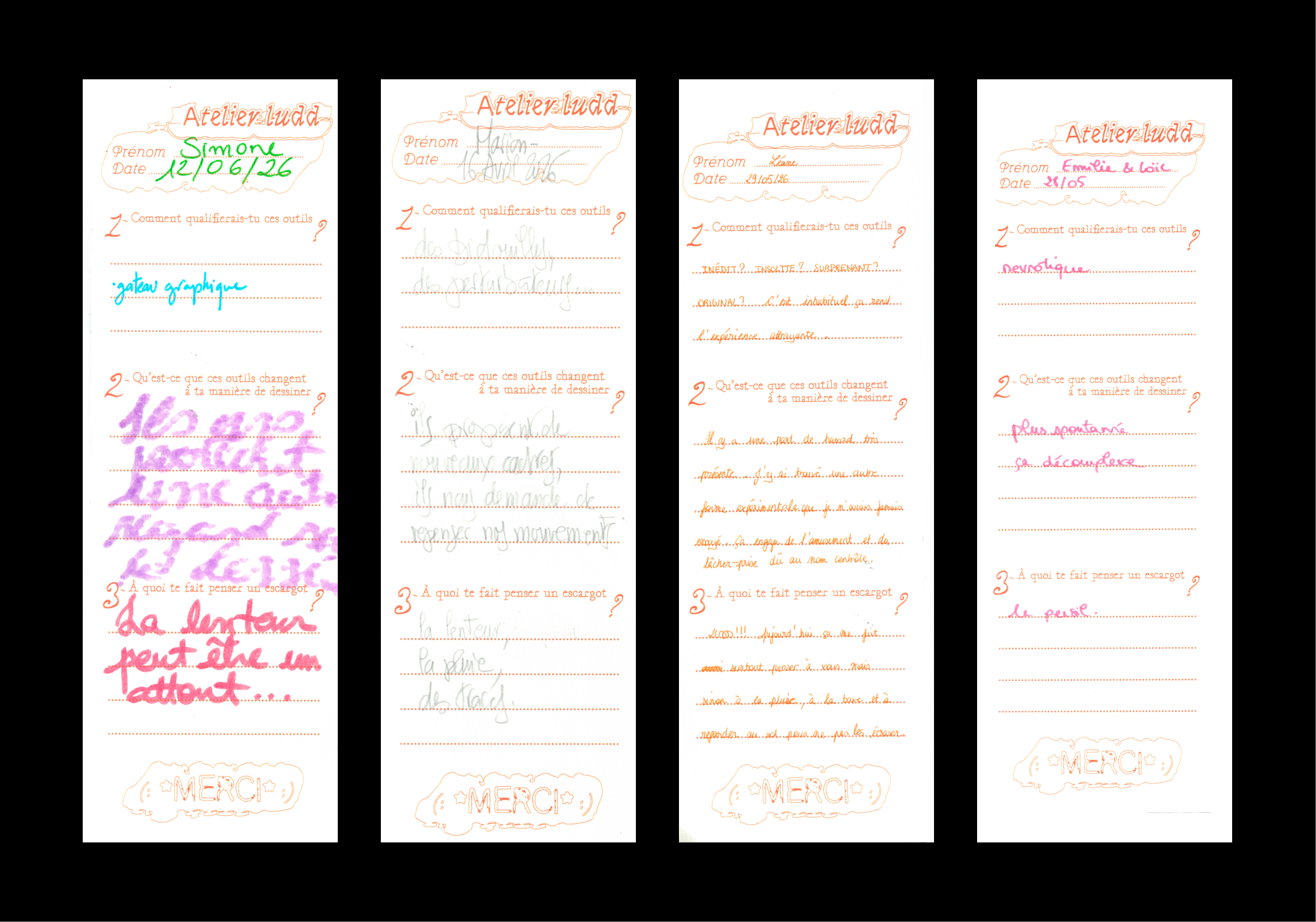 Questionnaire de satisfaction revisité, pour récolter des témoignages matériels à la suite des ateliers.
