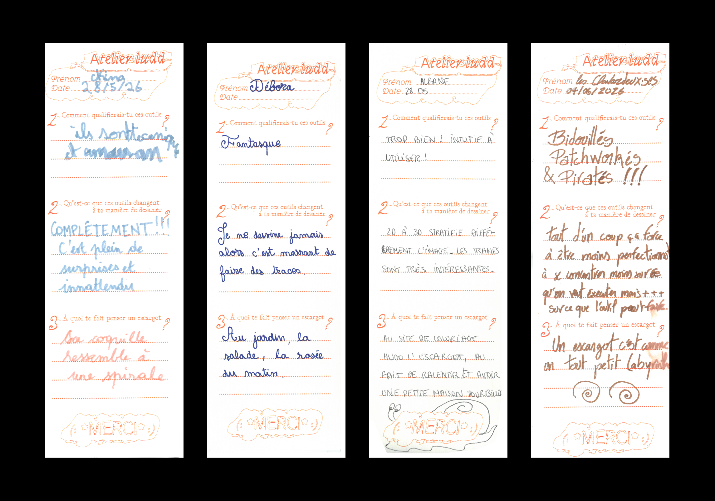 Questionnaire de satisfaction revisité, pour récolter des témoignages matériels à la suite des ateliers.